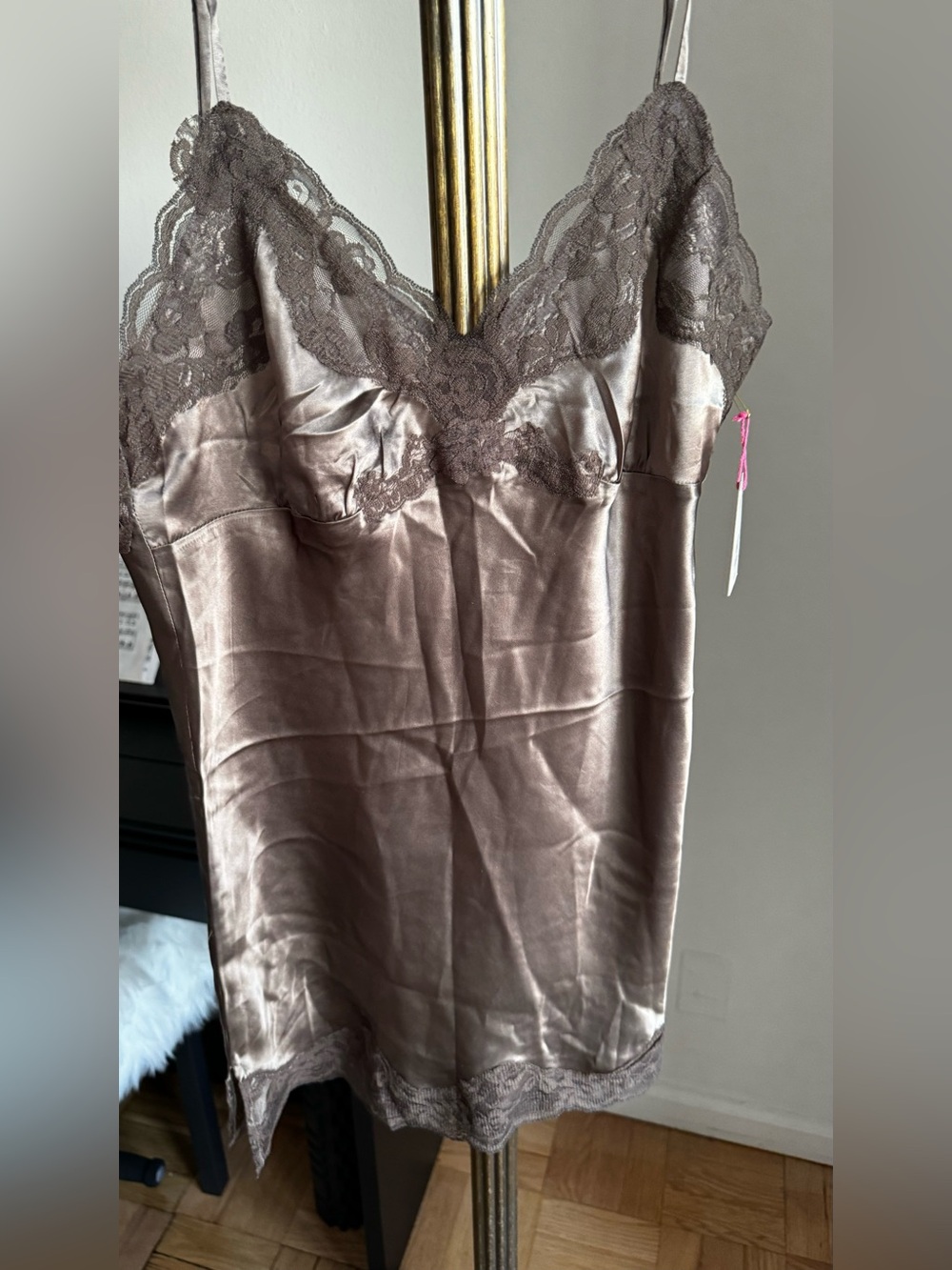 Lace-Trim Satin Chemise Slip in Taupe
